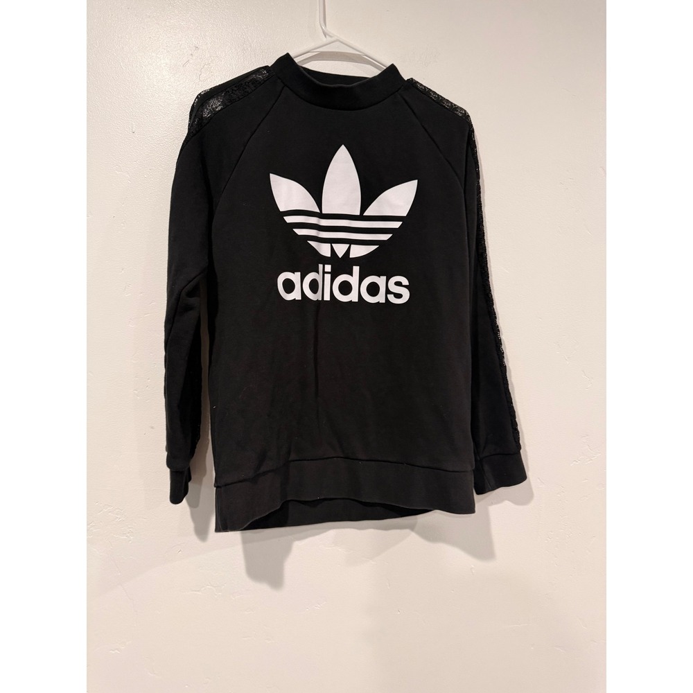 Adidas Originals Women Black Trefoil Lace Sleeve Sweatshirt XS Mock Neck Top